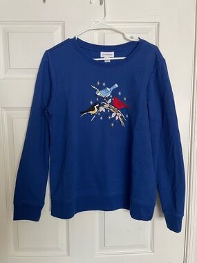 Vintage I.b.diffusion Womens Medium Blue Crewneck Sweatshirt 
 Bird Embroidery